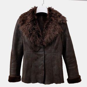 Women's Dark Brown Shearling Jacket with Fur Collar